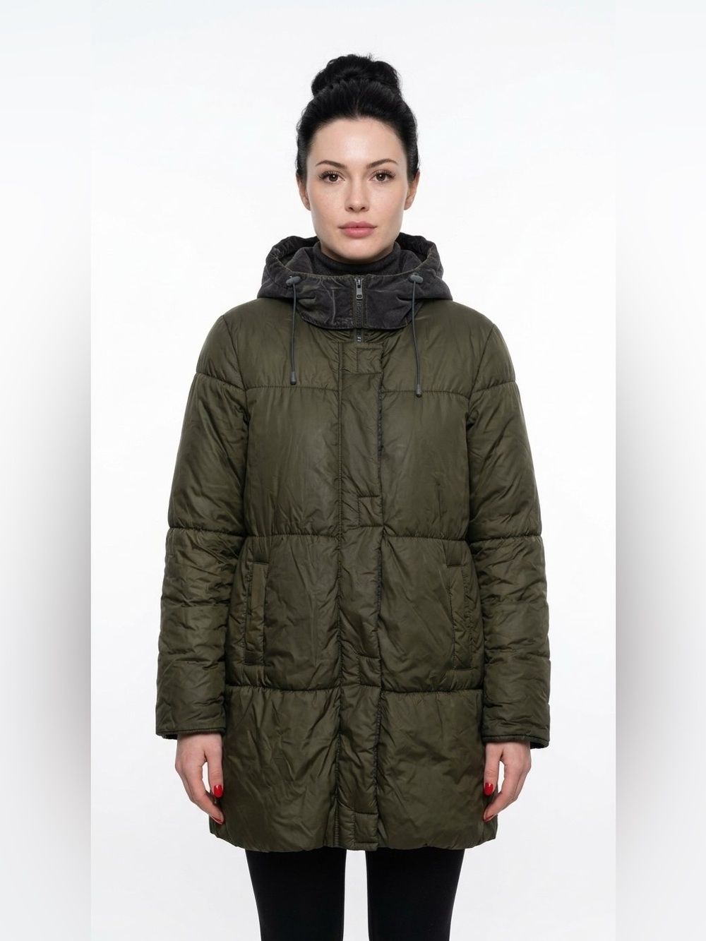 LUTHA STUDIO Olive Green Puffer Coat Size 10 Knee Length Winter Outerwear Women